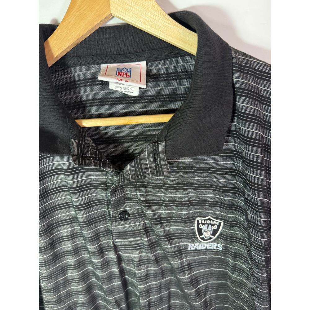 NFL Oakland Raiders Polo Shirt Mens XL Black Grey Striped Short Sleeve Logo